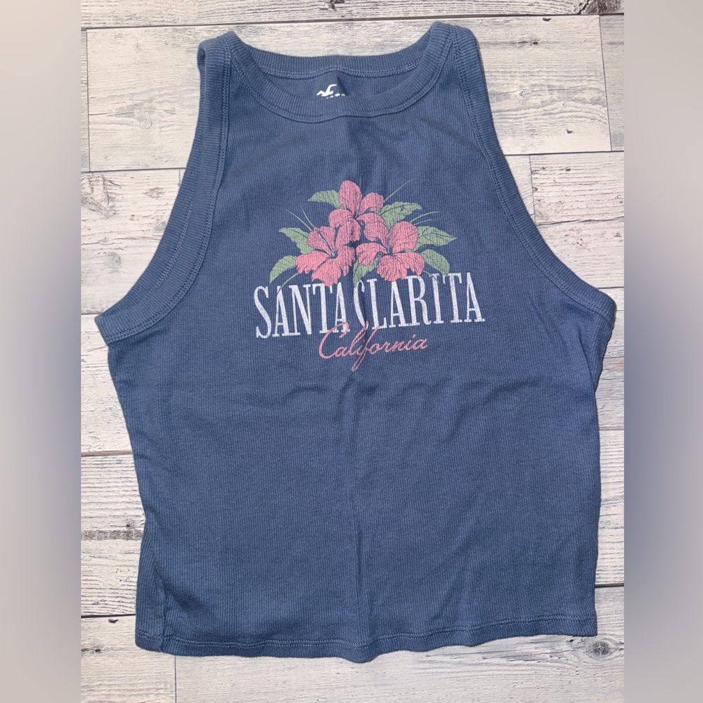 Hollister Navy Tank Top with Pink Floral Santa Clarita Graphic.